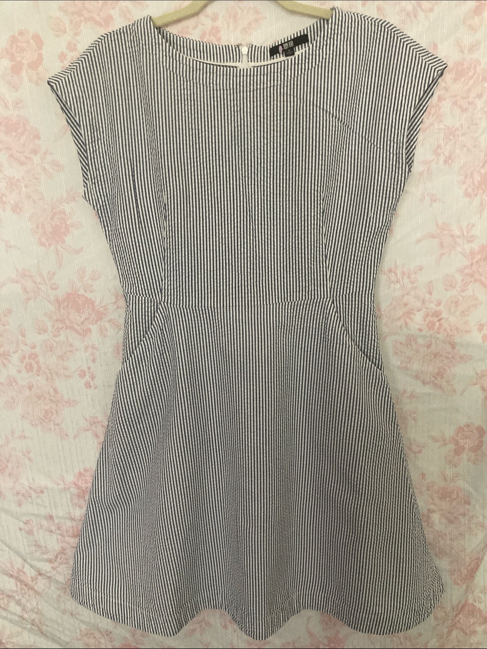Uniqlo Black and White Pinstripe Cap-Sleeve Mini Dress